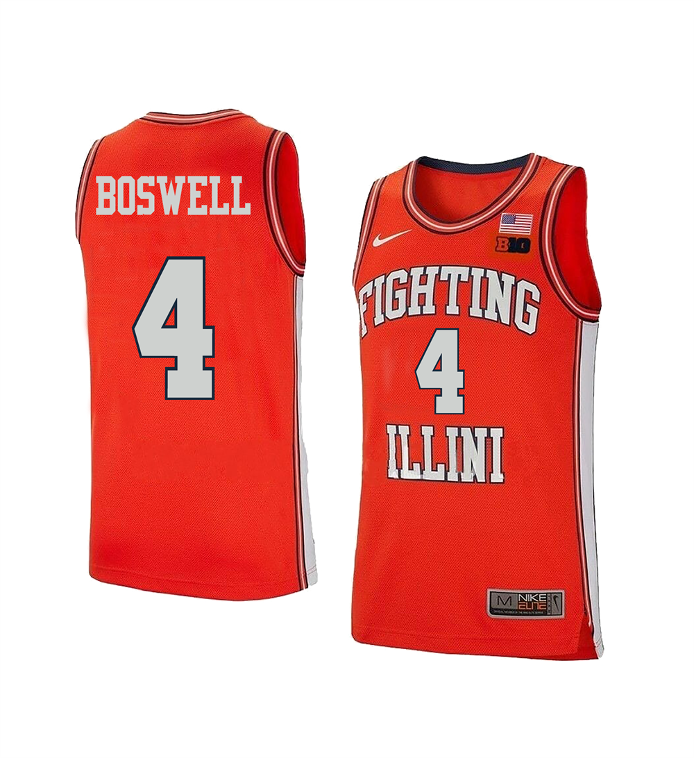 Men's #4 Kylan Boswell Illinois Fighting Illini College Basketball Jersey