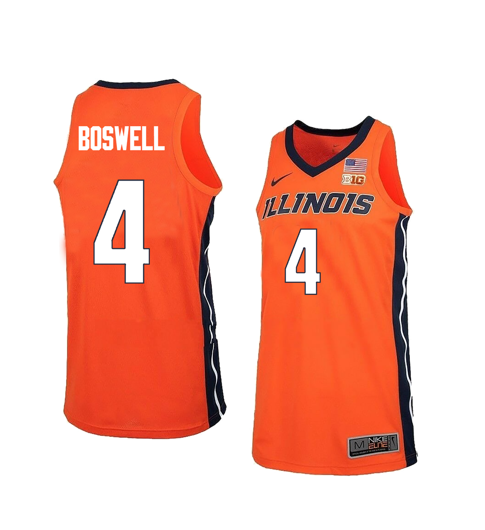 Men's #4 Kylan Boswell Illinois Fighting Illini College Basketball Jersey