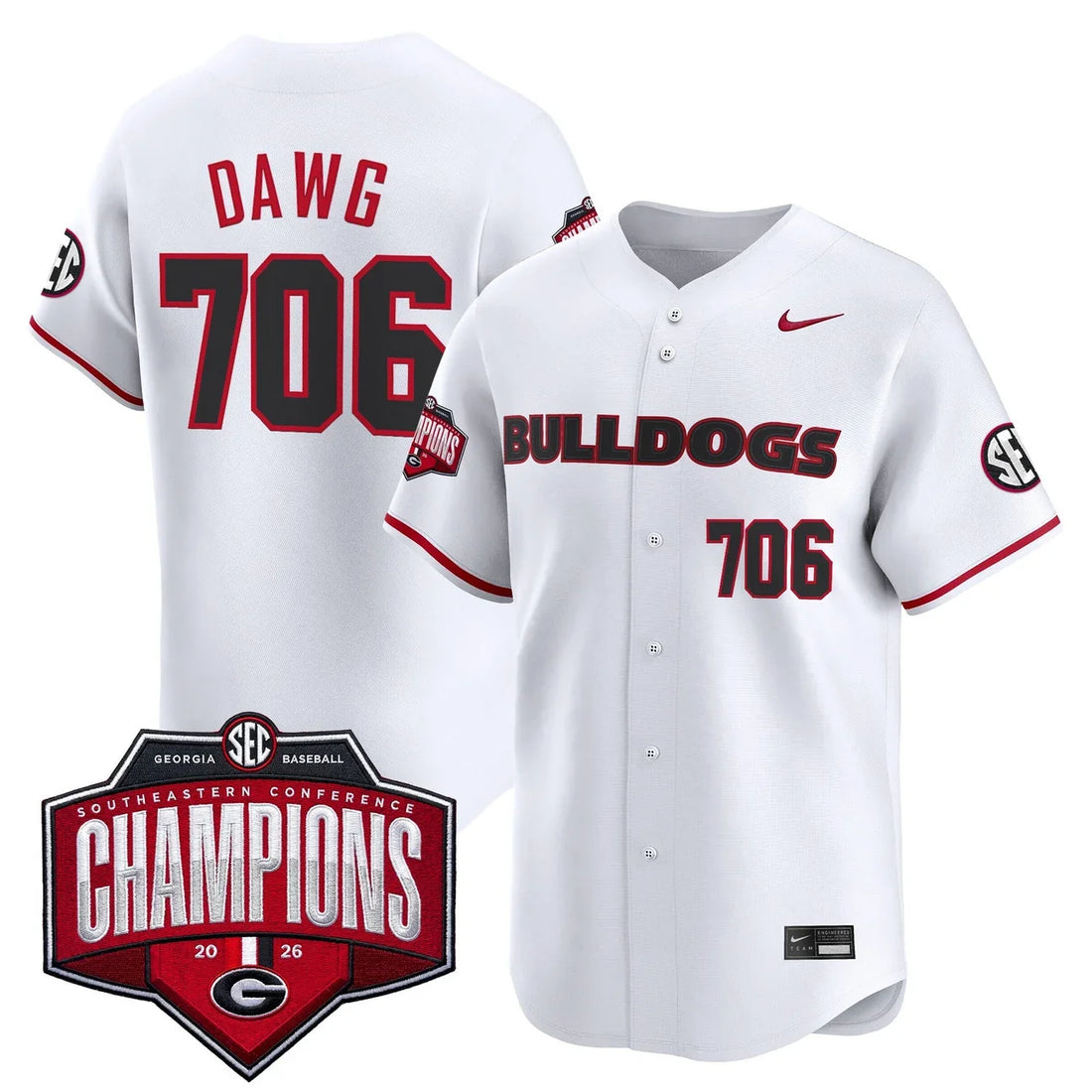 Georgia Bulldogs Baseball Southeastern Confernce Champions 2026 Vapor Premier Limited Jersey - All Stitched - White