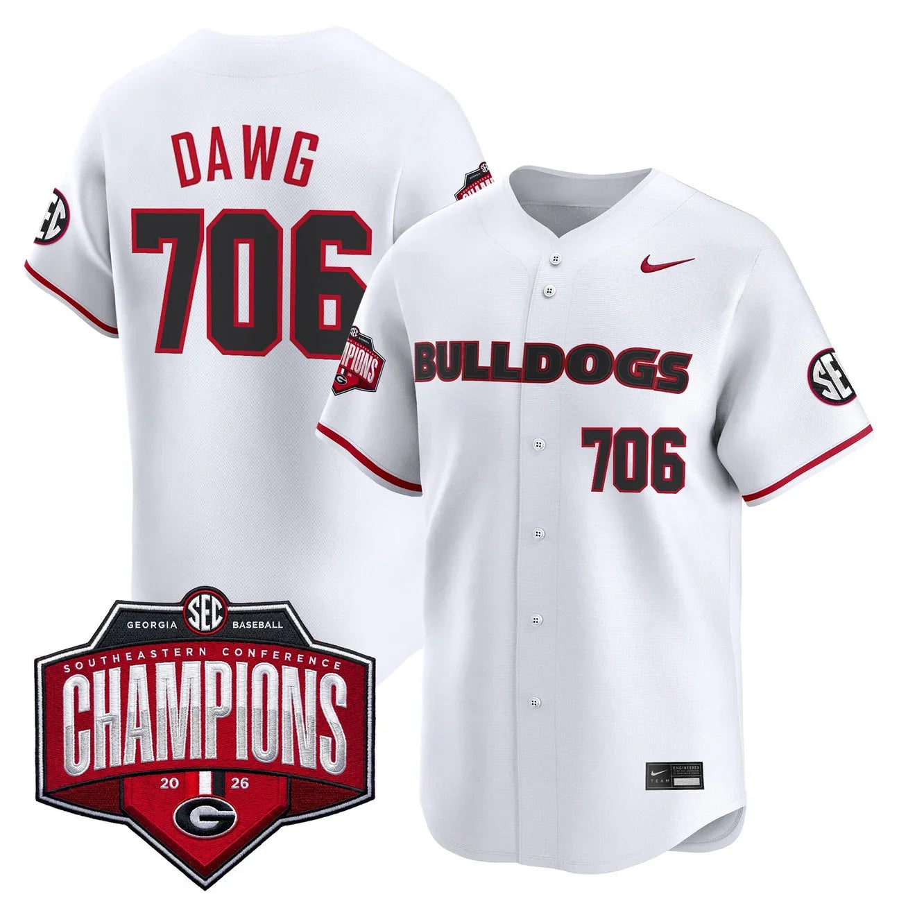 Georgia Bulldogs Baseball Southeastern Confernce Champions 2026 Vapor Premier Limited Jersey - All Stitched - White