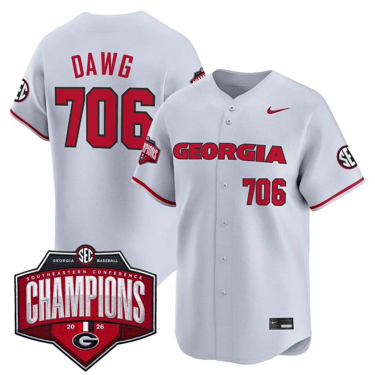 Georgia Bulldogs Baseball Southeastern Confernce Champions 2026 Vapor Premier Limited Jersey - All Stitched - Gray
