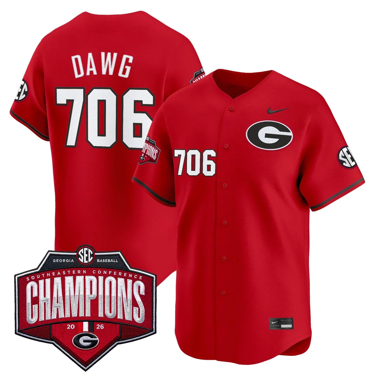 Georgia Bulldogs Baseball Southeastern Confernce Champions 2026 Vapor Premier Limited Jersey - All Stitched - Red