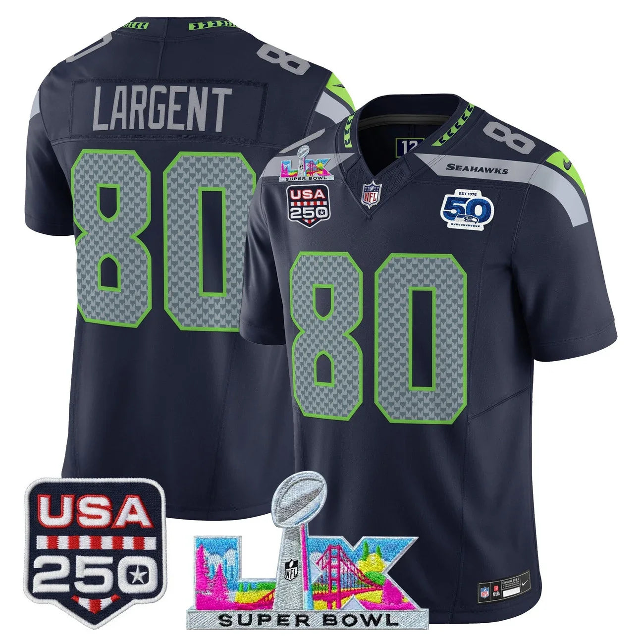 Seattle Seahawks "Super Bowl LX & United States 250th Anniversary Patch" Vapor Limited Jersey - All Stitched