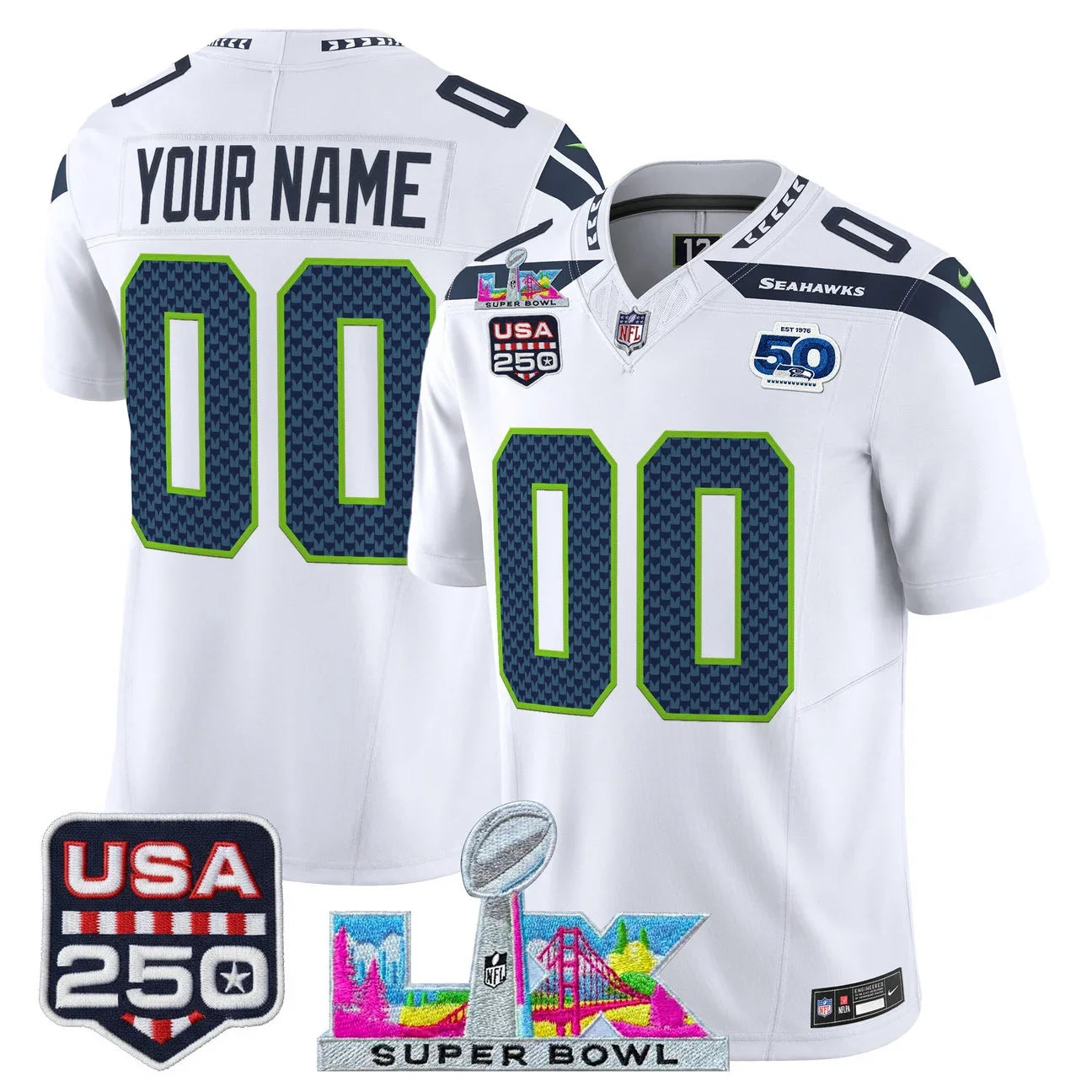 Seattle Seahawks "Super Bowl LX & United States 250th Anniversary Patch" Vapor Limited Custom Jersey - All Stitched