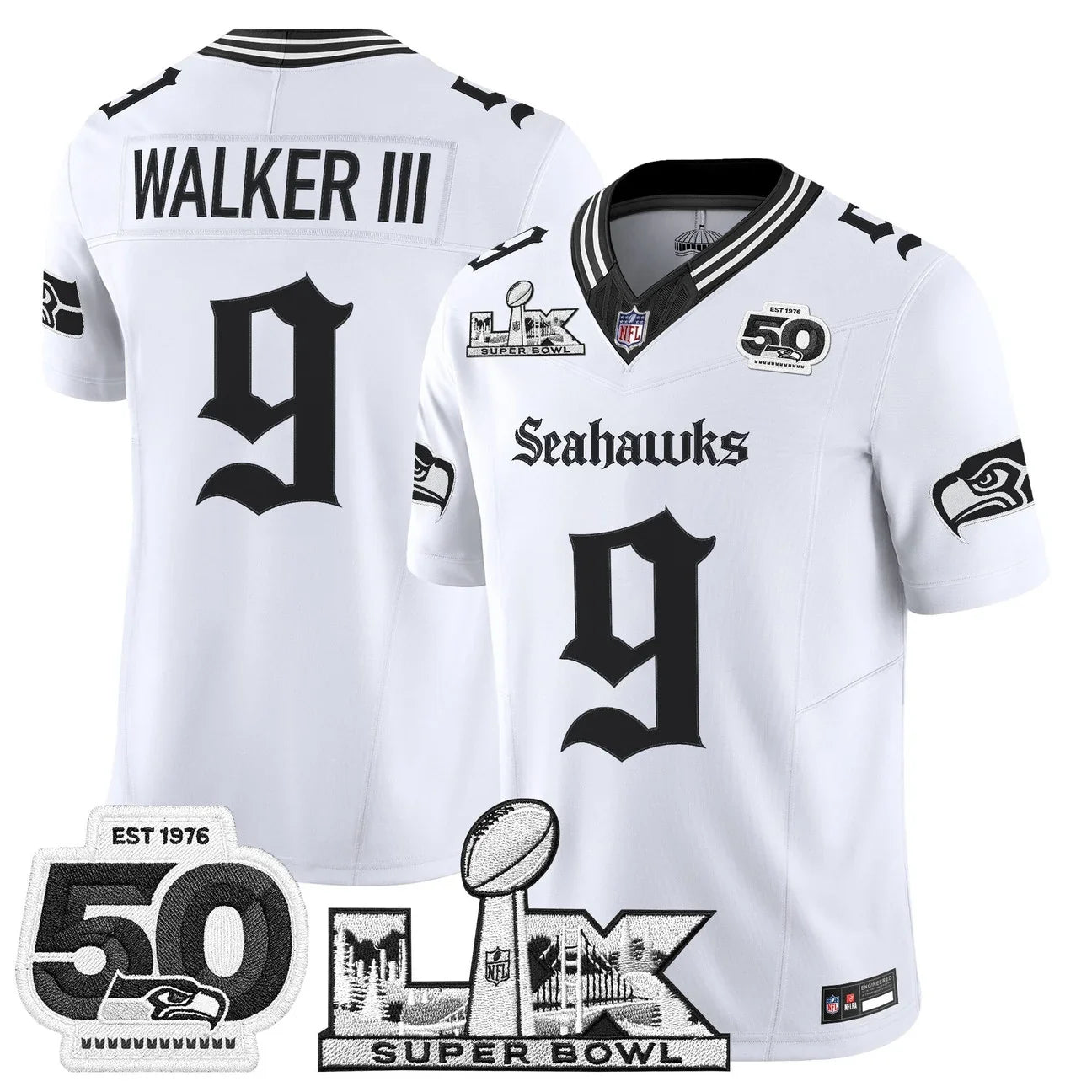 Men's Seattle Seahawks "Super Bowl LX & 50th Patch" Vapor Limited Jersey - Gothic Edition - All Stitched