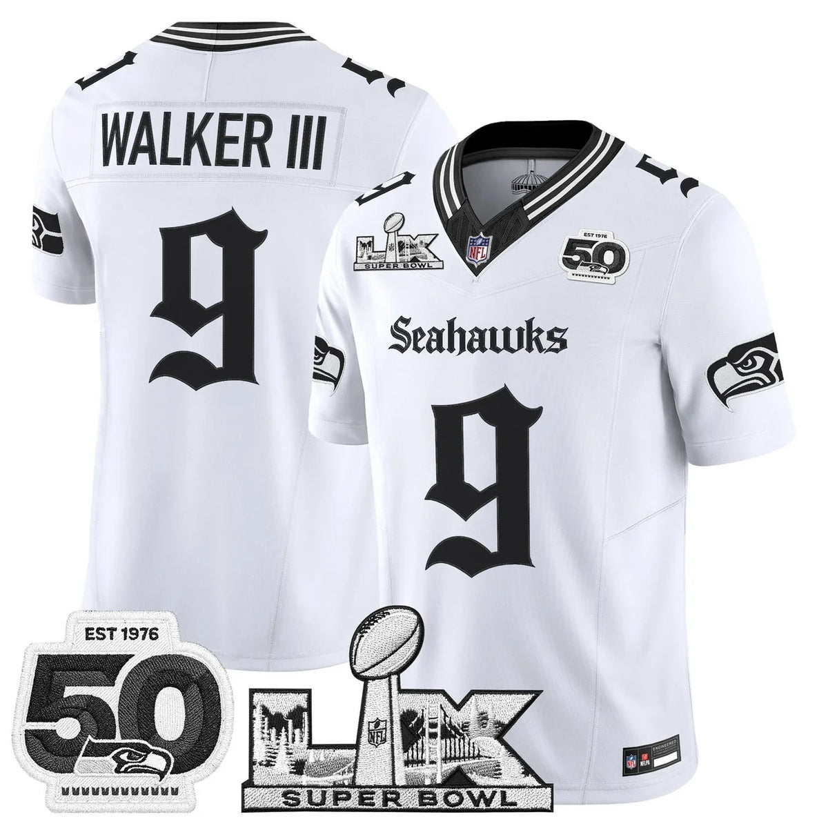 Men's Seattle Seahawks "Super Bowl LX & 50th Patch" Vapor Limited Jersey - Gothic Edition - All Stitched