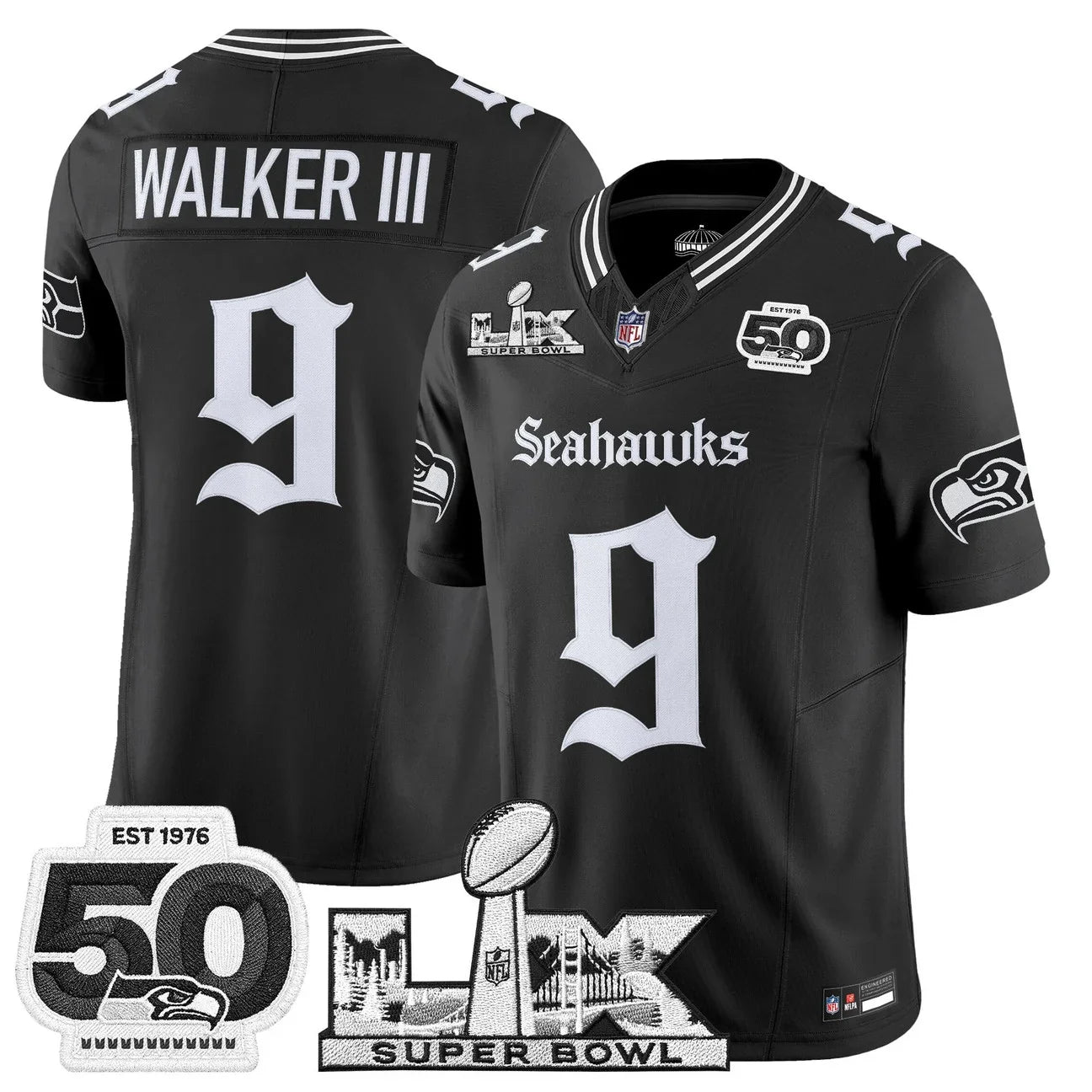 Men's Seattle Seahawks "Super Bowl LX & 50th Patch" Vapor Limited Jersey - Gothic Edition - All Stitched