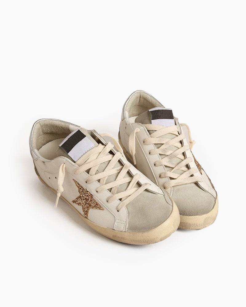 Men's Ice-gray Nappa Leather Sneaker with Gold Glitter Star