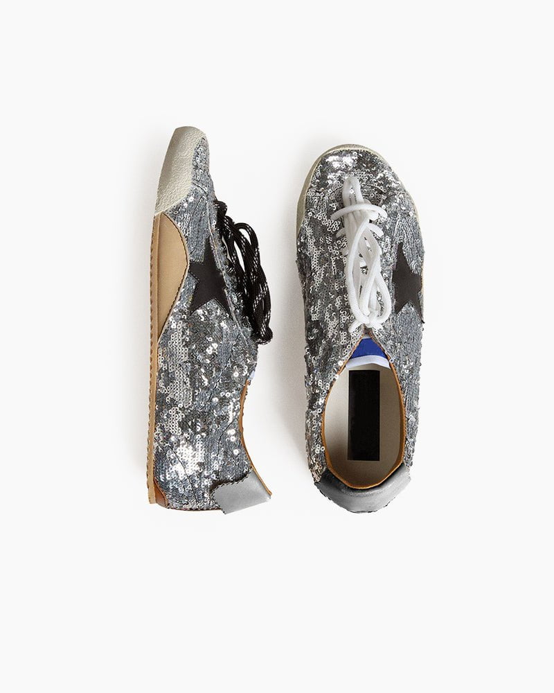 Silver Sequins Sneakers with Black Star and Beige Heel Tab