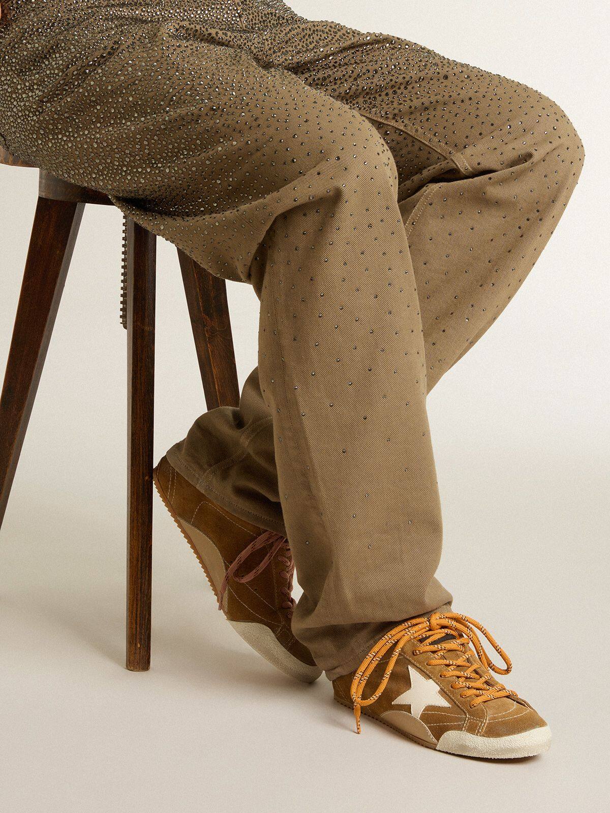 Men's Tobacco Colored Suede Nappa Leather Sneakers with White Star and Gold Heel Tab