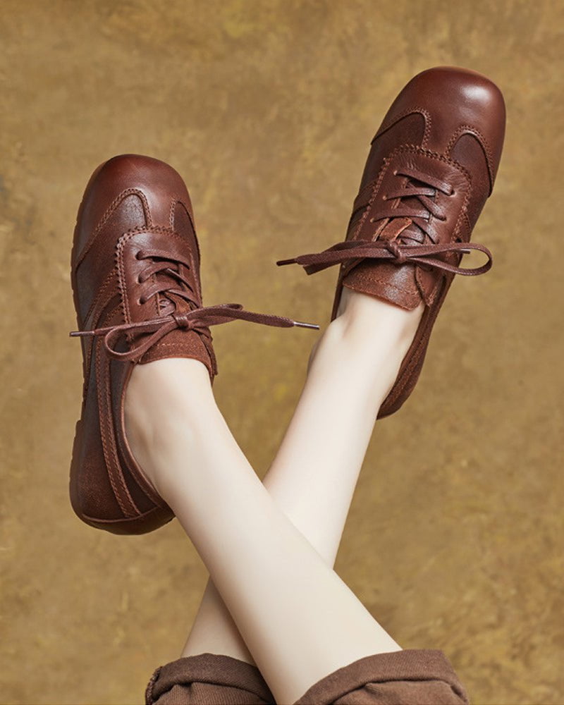Retro Brown Nappa Leather Vintage Lace-Up Sneakers