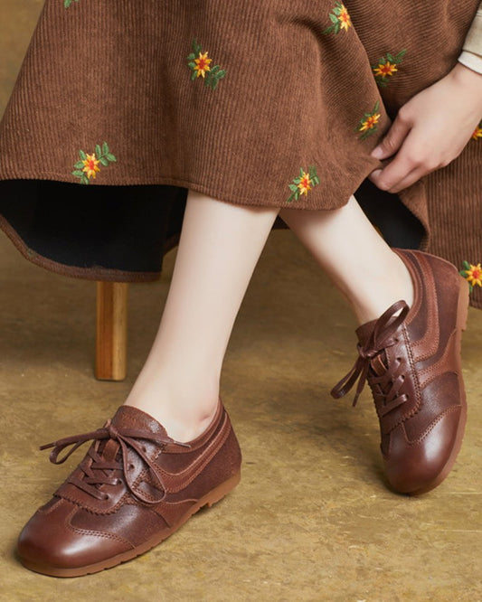 Retro Brown Nappa Leather Vintage Lace-Up Sneakers