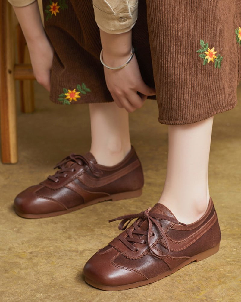 Retro Brown Nappa Leather Vintage Lace-Up Sneakers