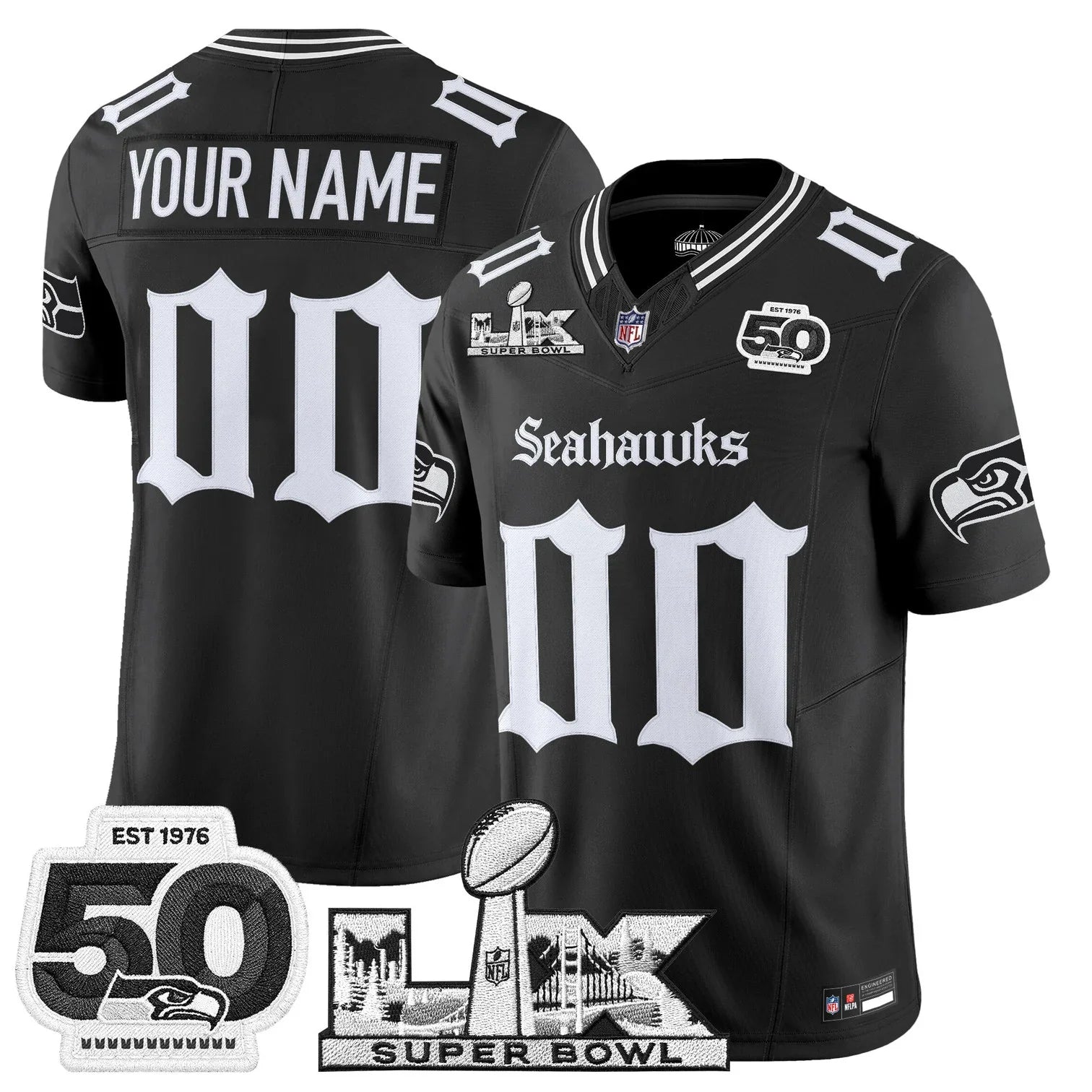 Seattle Seahawks "Super Bowl LX & 50th Patch" Vapor Limited Custom Jersey - Gothic Edition - All Stitched