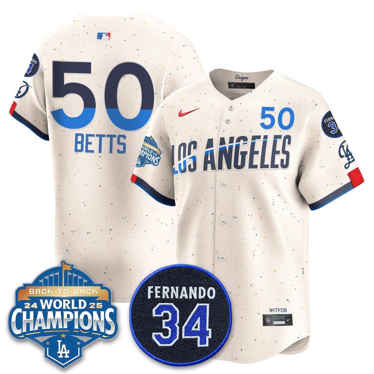 Los Angeles Dodgers 2025 Back To Back Champions Jersey - All Stitched