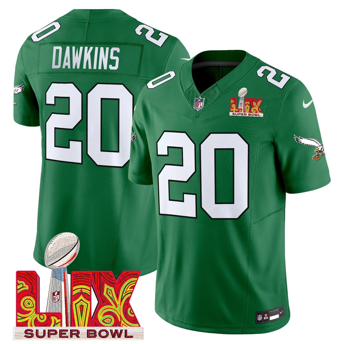 Philadelphia Eagles Kelly Green Super Bowl LIX Patch Vapor Limited Jersey - All Stitched