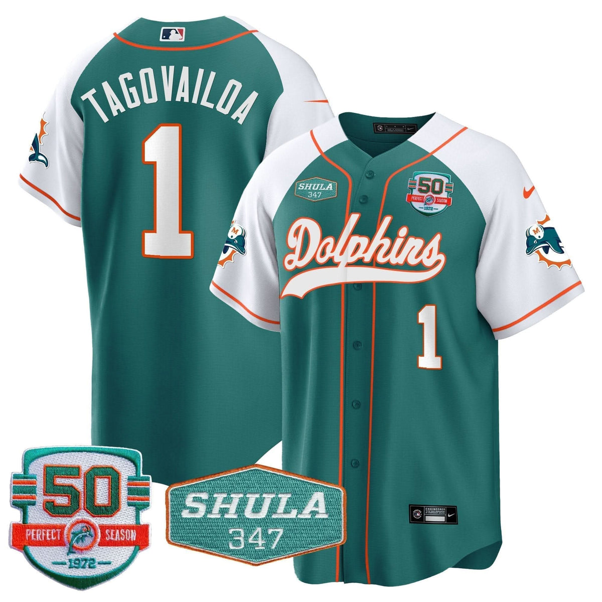 Dolphins 50th & Don Shula 347 Memorial Patch Baseball Jersey - All Stitched