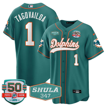Dolphins 50th & Don Shula 347 Memorial Patch Baseball Jersey - All Stitched