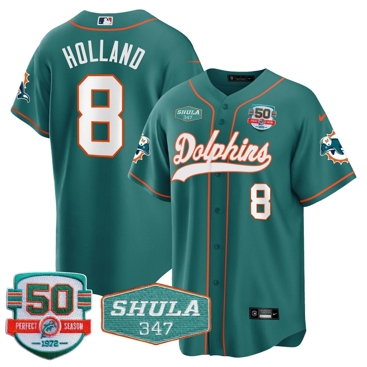 Dolphins 50th & Don Shula 347 Memorial Patch Baseball Jersey - All Stitched