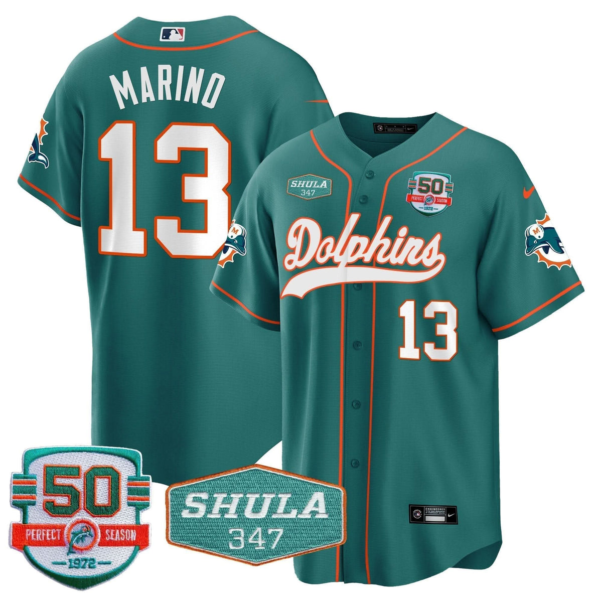 Dolphins 50th & Don Shula 347 Memorial Patch Baseball Jersey - All Stitched