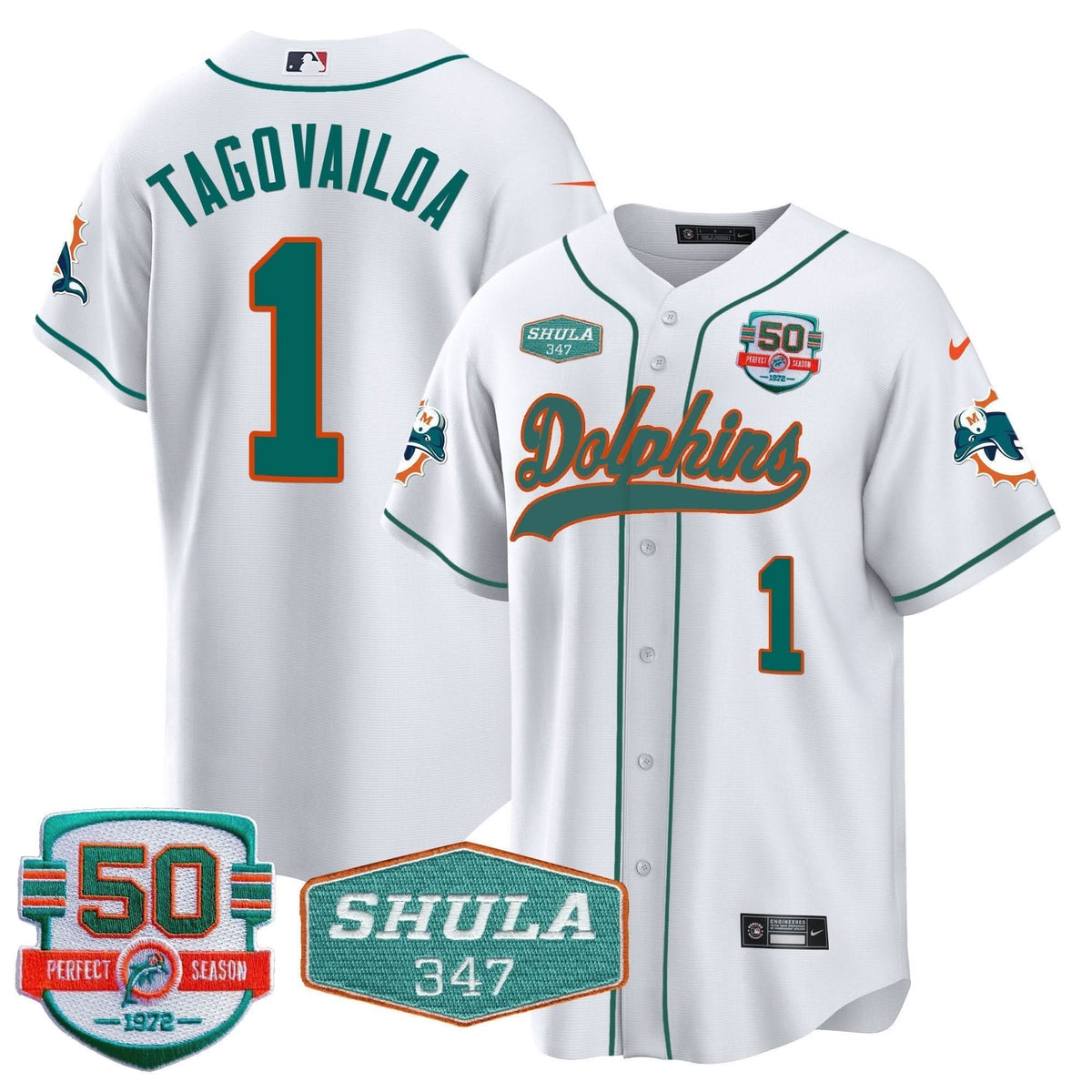 Dolphins 50th & Don Shula 347 Memorial Patch Baseball Jersey - All Stitched