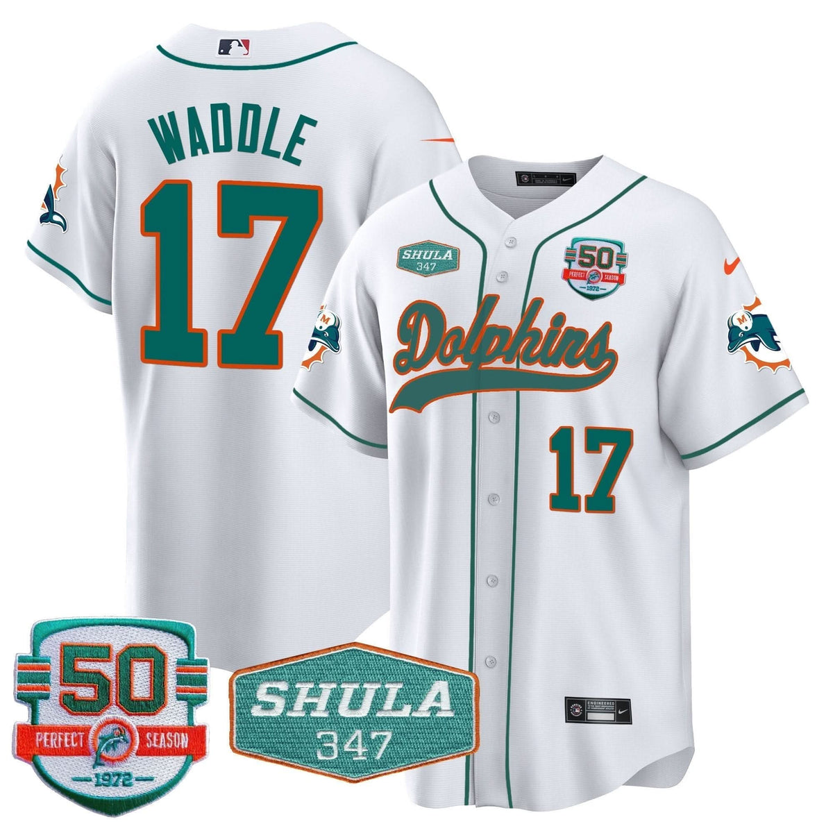 Dolphins 50th & Don Shula 347 Memorial Patch Baseball Jersey - All Stitched