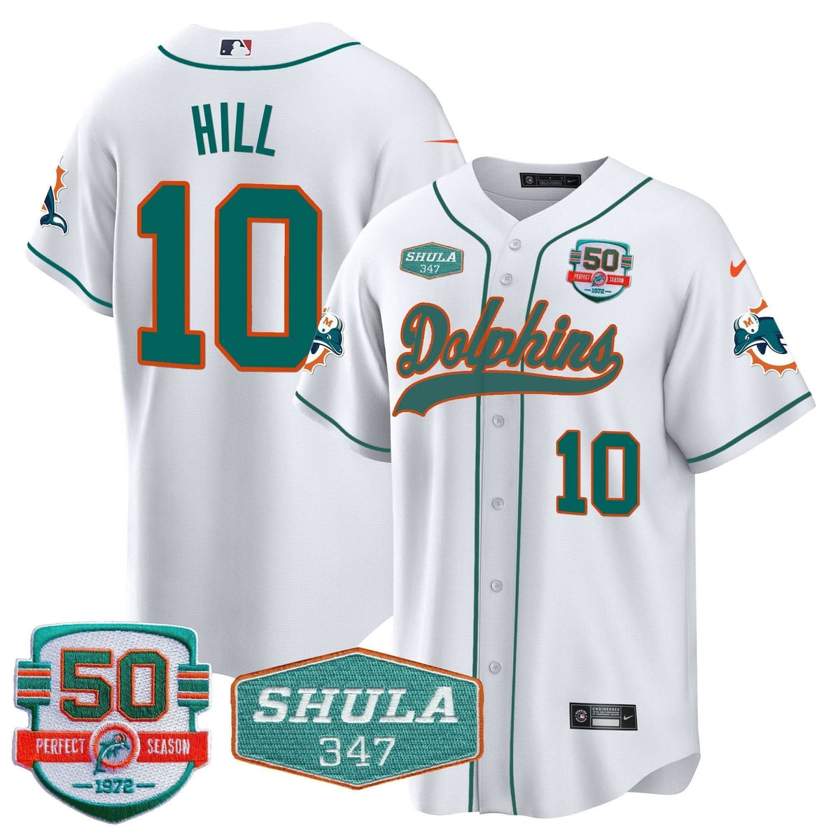 Dolphins 50th & Don Shula 347 Memorial Patch Baseball Jersey - All Stitched