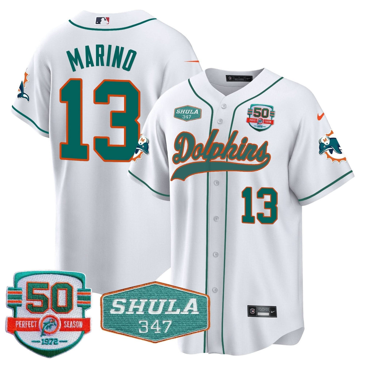Dolphins 50th & Don Shula 347 Memorial Patch Baseball Jersey - All Stitched