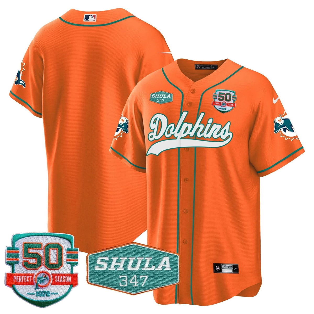 Dolphins 50th & Don Shula 347 Memorial Patch Baseball Jersey - All Stitched
