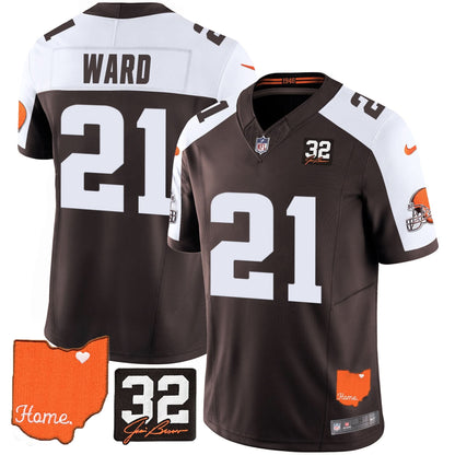 Browns #32 Jim Brown Memorial & Home Patch Vapor Limited Jersey - All Stitched