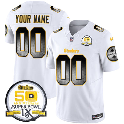 Steelers Arch Smoke 50th Anniversary Of Super Bowl IX Patch Vapor Limited Custom Jersey - All Stitched