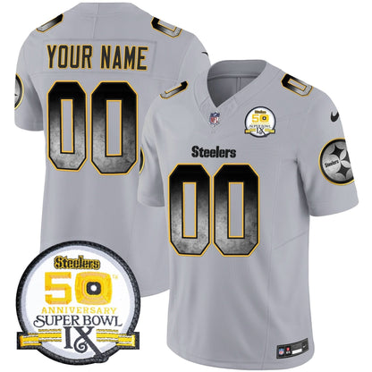 Steelers Arch Smoke 50th Anniversary Of Super Bowl IX Patch Vapor Limited Custom Jersey - All Stitched