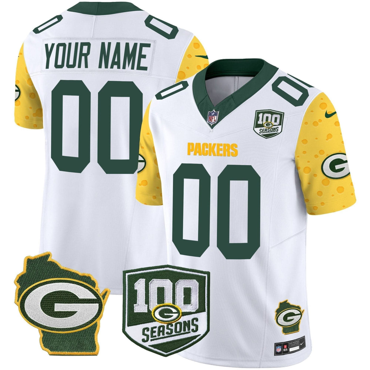 Packers 100th Season & Home Patch Cheese Vapor Limited Custom Jersey - All Stitched