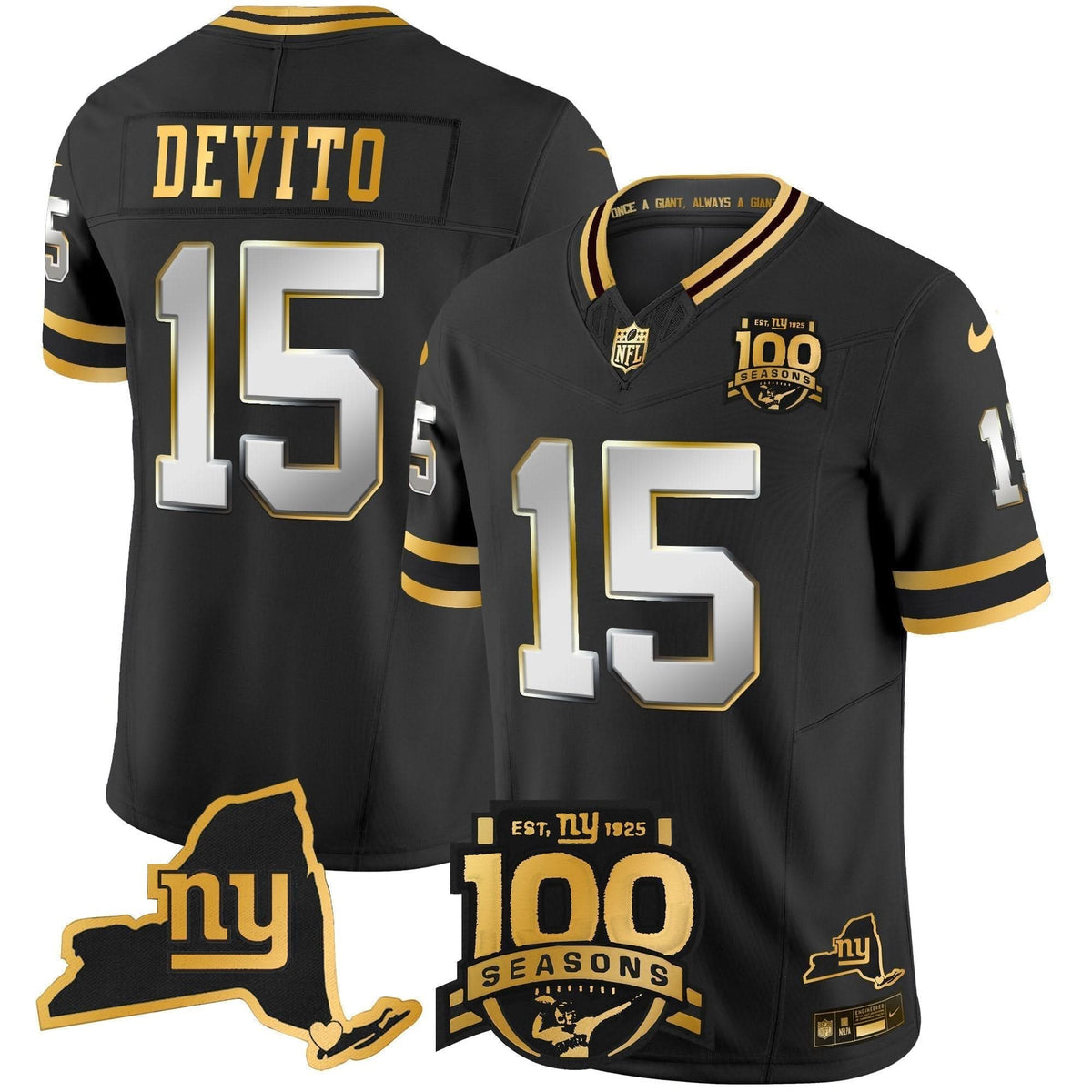 New York Giants 100th Season & State Patch Gold Vapor Limited Jersey - All Stitched