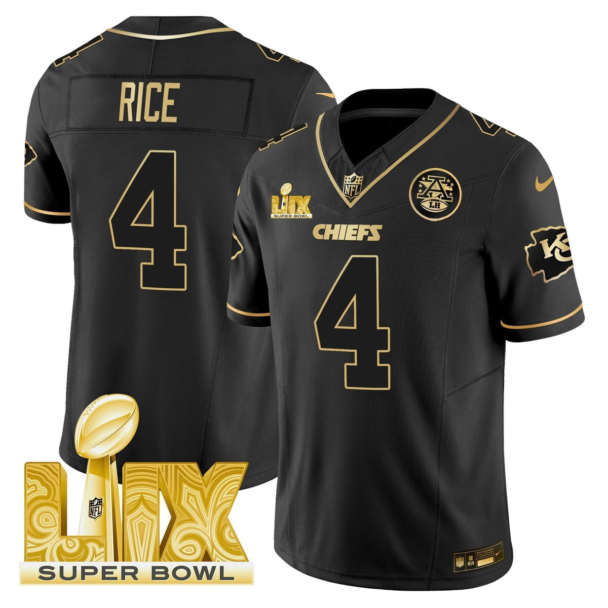 Chiefs Super Bowl LIX Patch Gold Vapor Limited Jersey - All Stitched
