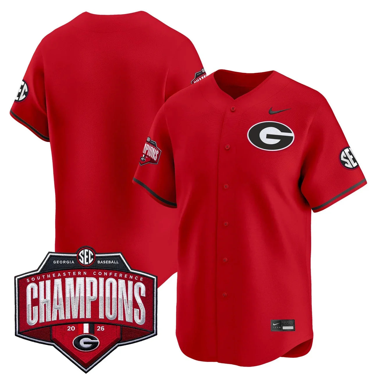 Georgia Bulldogs Baseball Southeastern Confernce Champions 2026 Vapor Premier Limited Jersey - All Stitched - Red
