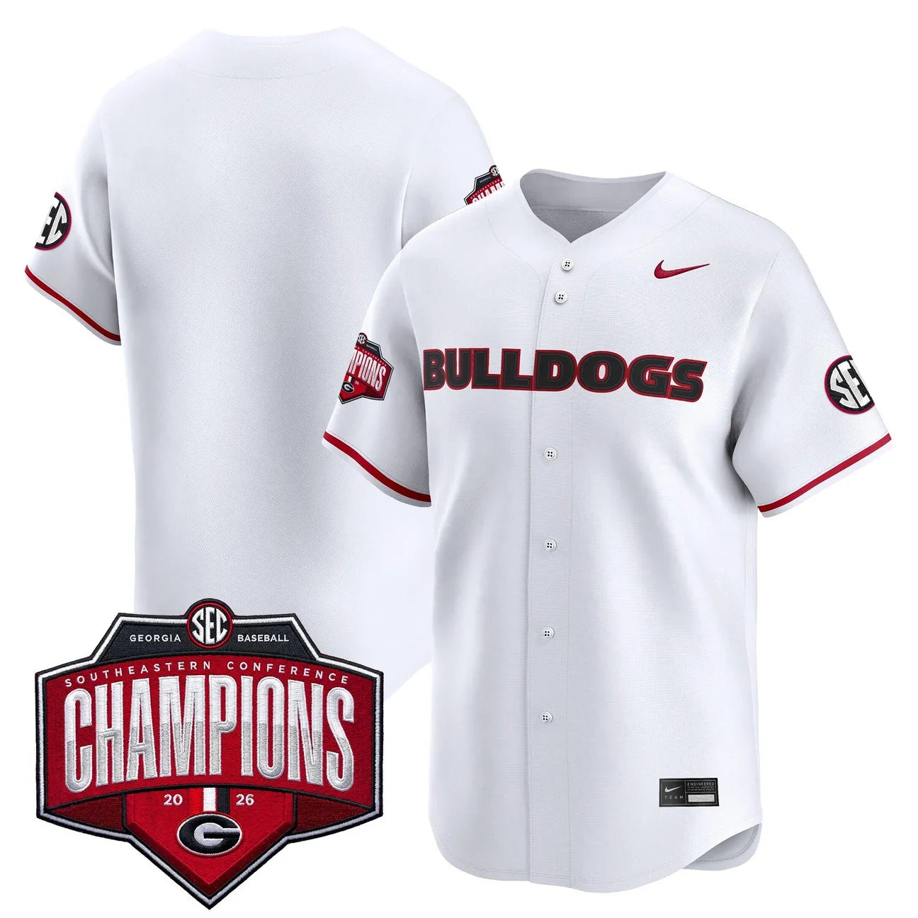 Georgia Bulldogs Baseball Southeastern Confernce Champions 2026 Vapor Premier Limited Jersey - All Stitched - White