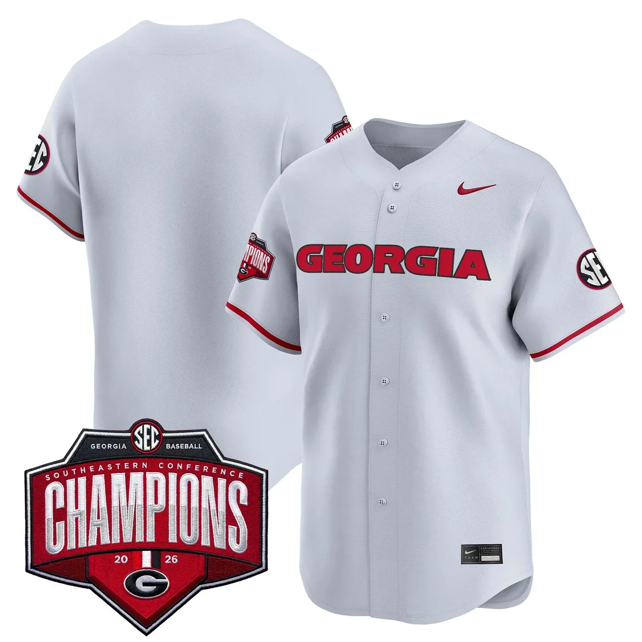 Georgia Bulldogs Baseball Southeastern Confernce Champions 2026 Vapor Premier Limited Jersey - All Stitched - Gray